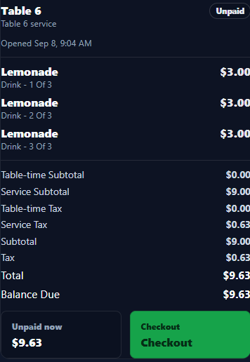 BilliardsManager checkout detail showing itemized charges and remaining balance