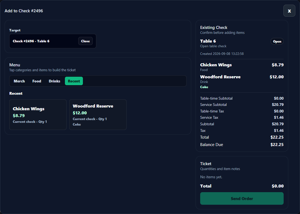 BilliardsManager order screen showing food and drink items added to a table check