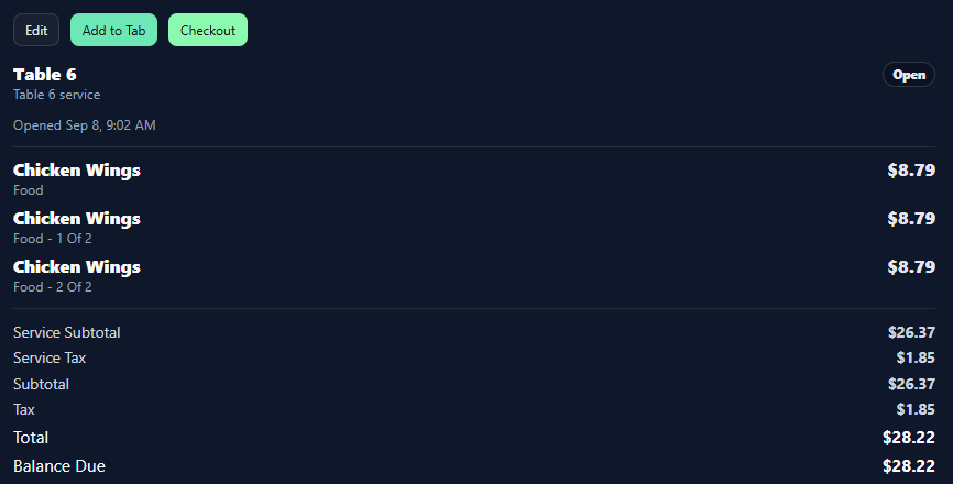 BilliardsManager tab detail showing service items, totals, tax, and balance due